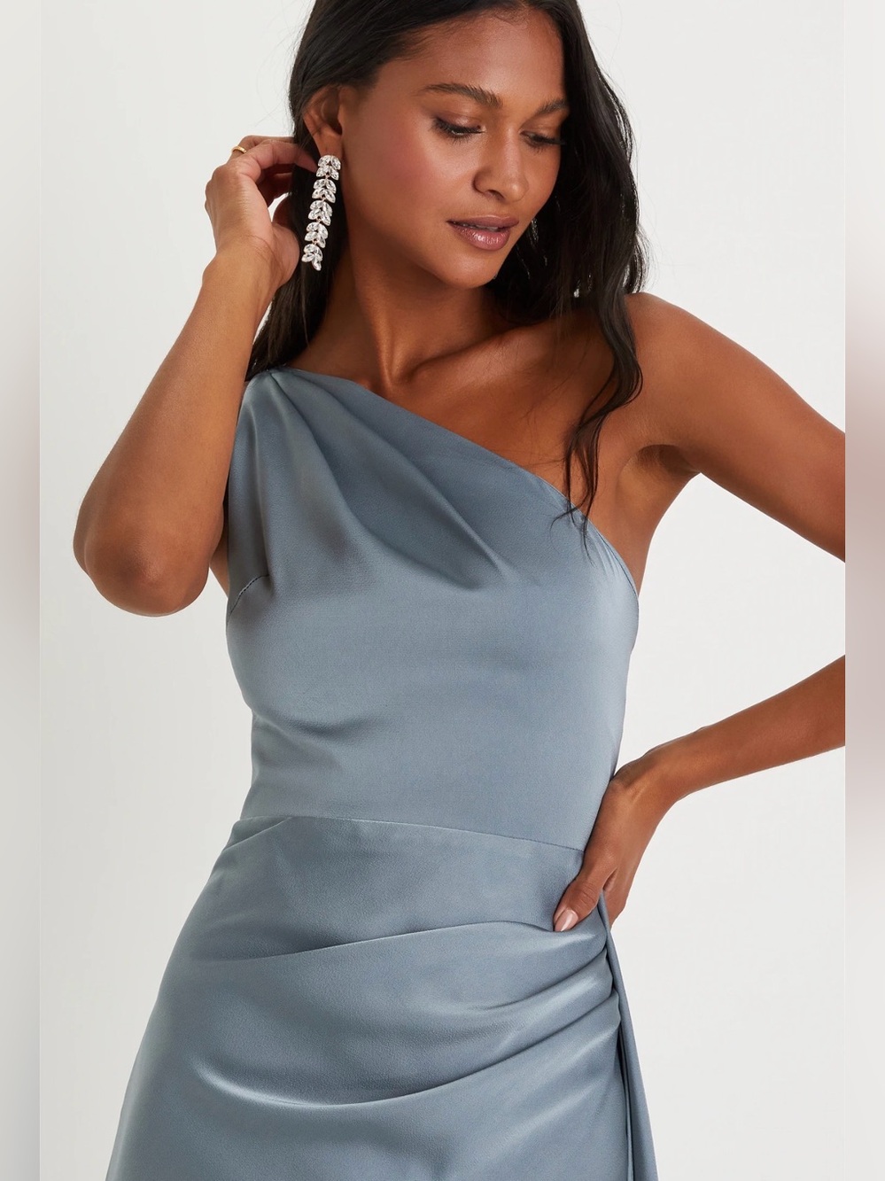 NWT Lulu's One-Shoulder Slate Blue Satin Gown with Slit XL - Picture 4 of 12